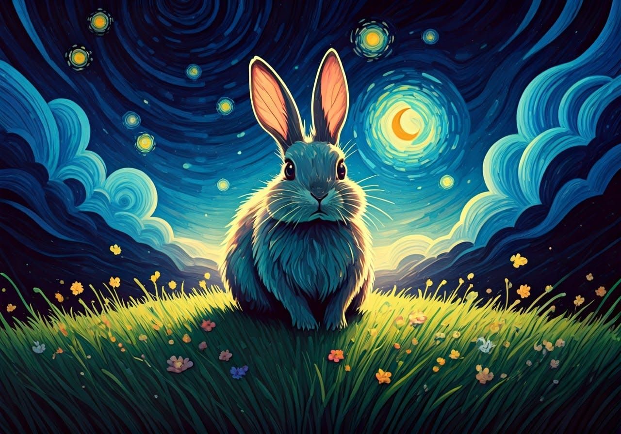 Rabbit in Starry Night: Van Gogh Inspired Dreamscape