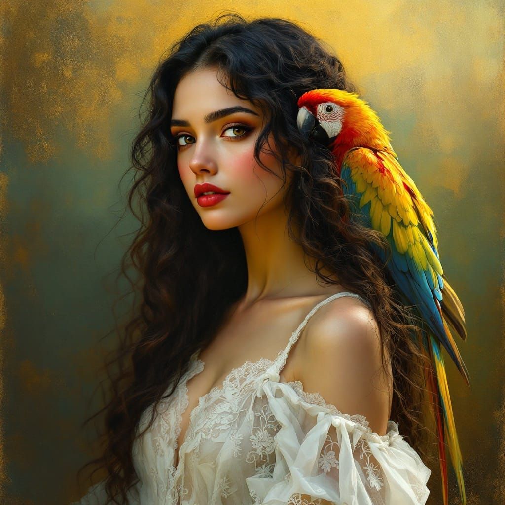 Impressionist Portrait of a Young Woman with a Vibrant Parro...