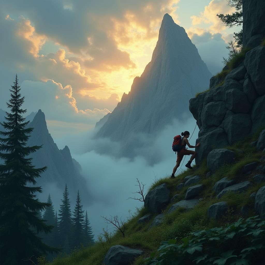 Adventurer Climbs Misty Peak: Atmospheric Digital Painting