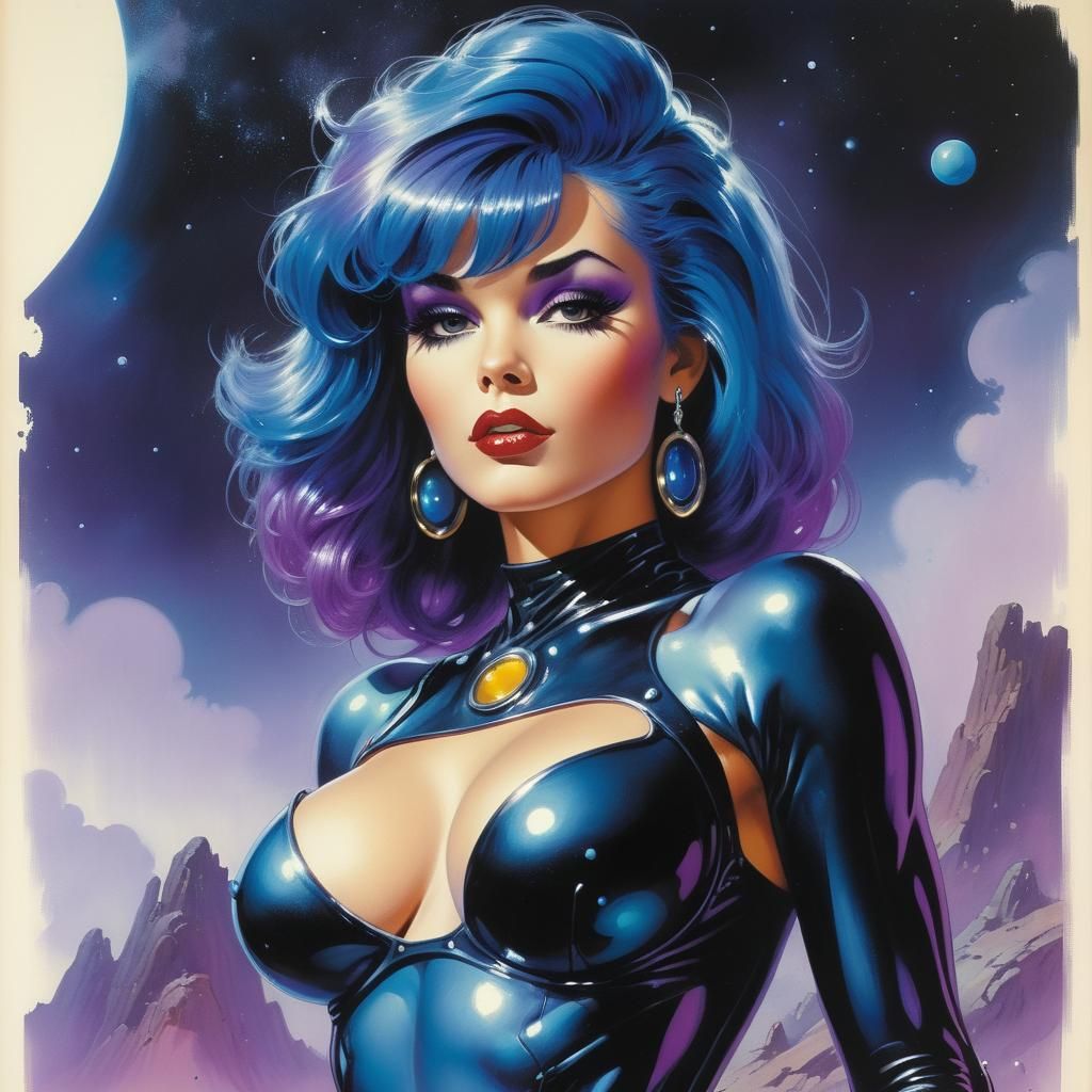 Blue and Purple Haired Pin-Up in 80s Style