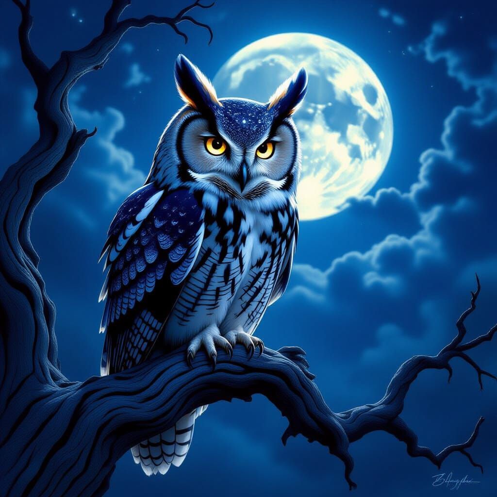 Majestic Obsidian Owl on Ancient Branch in Moonlight