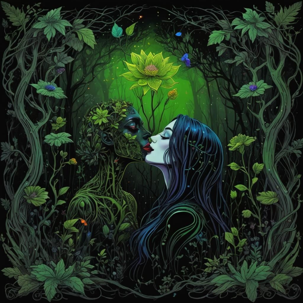 Girl Romancing Humanoid Flower in Trippy Forest