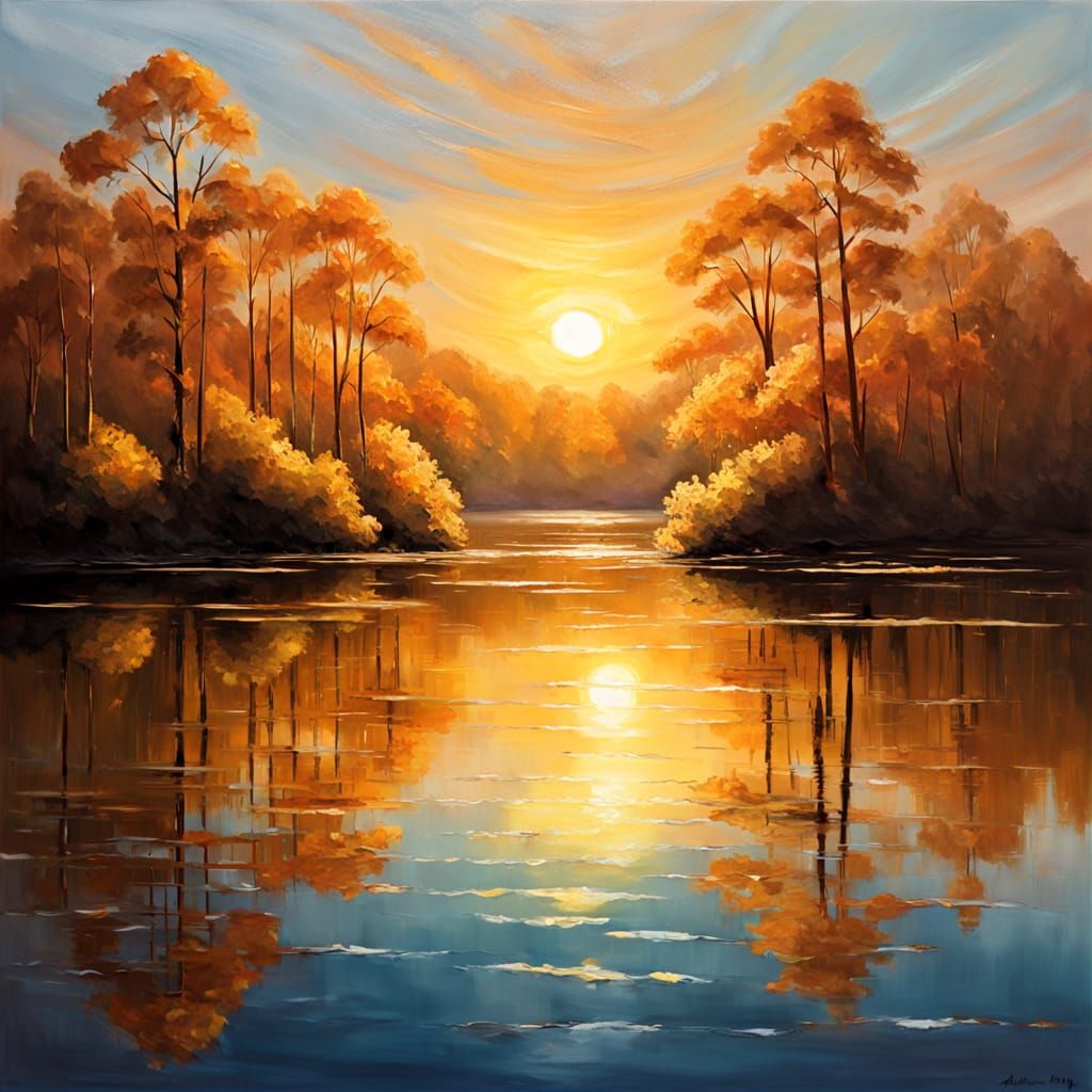 Golden Hour Lake Reflection in Impressionist Oil Painting