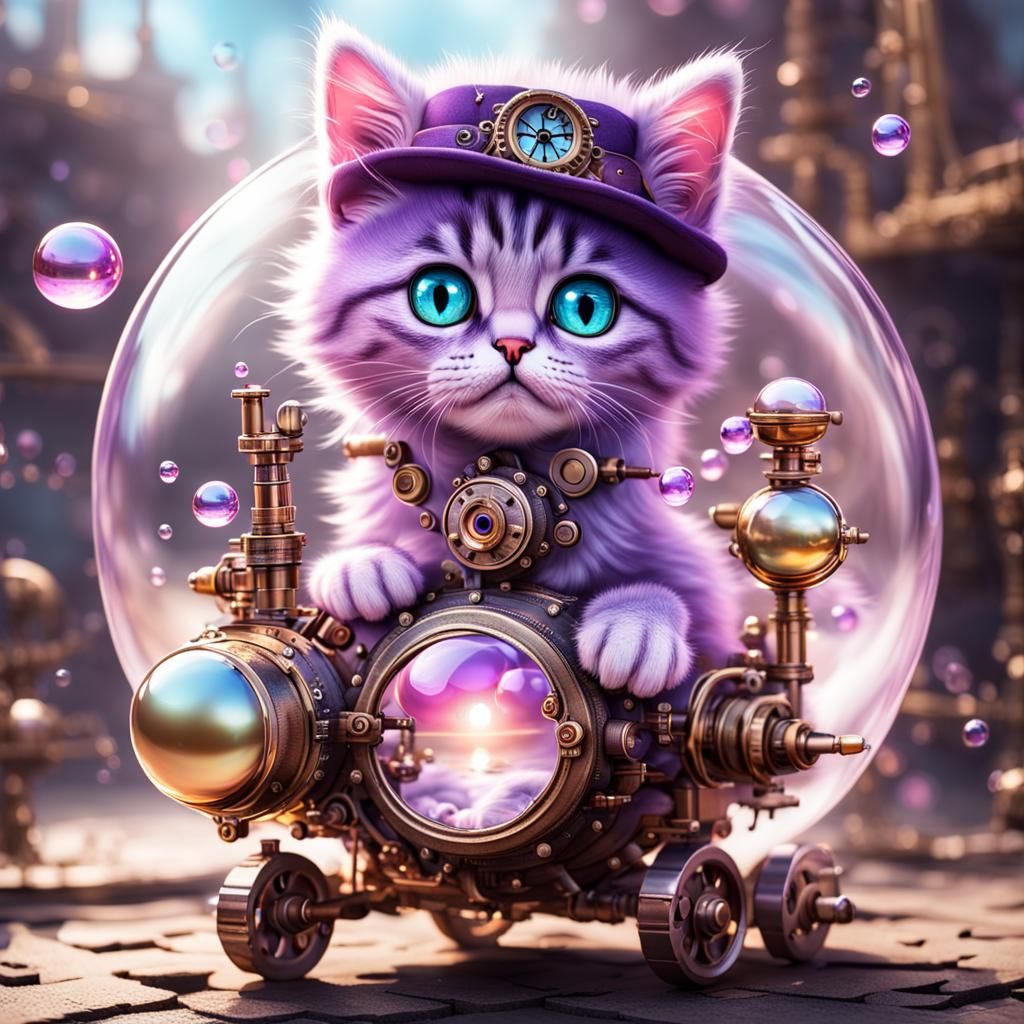 Steampunk Kitten Playing with Pearl in Bubble World