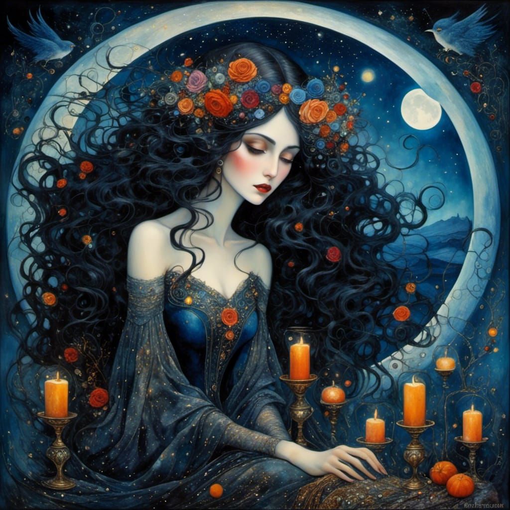 Melancholy Witch in Fiery Eclipse: Surreal Oil Pastel Art