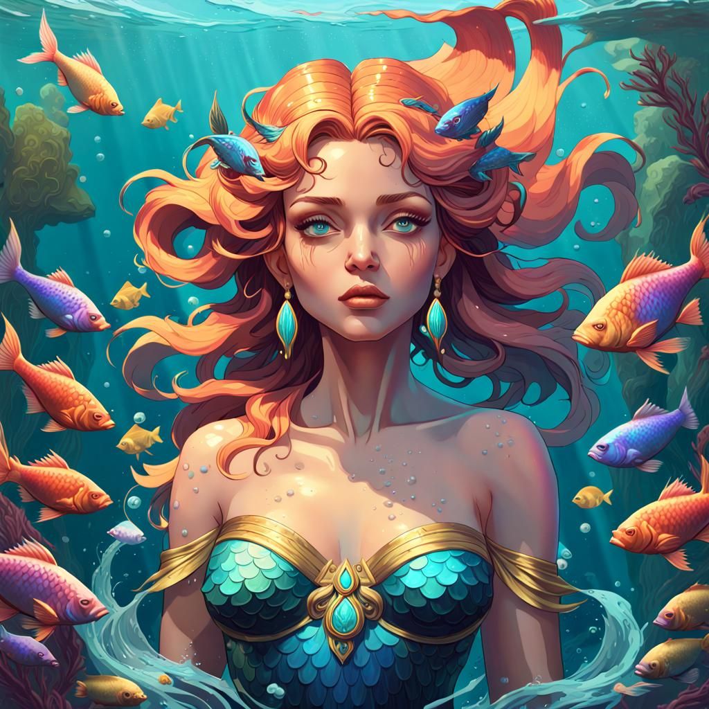 Amphitrite Portrait with Colorful Fish, Splash Art