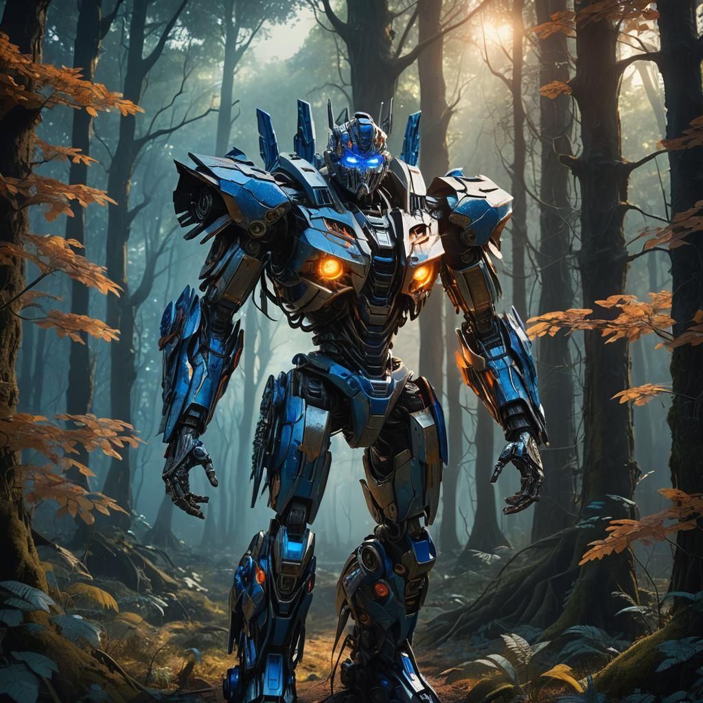 Biomechanical Transformer in Mystical Forest: Fantasy Concep...