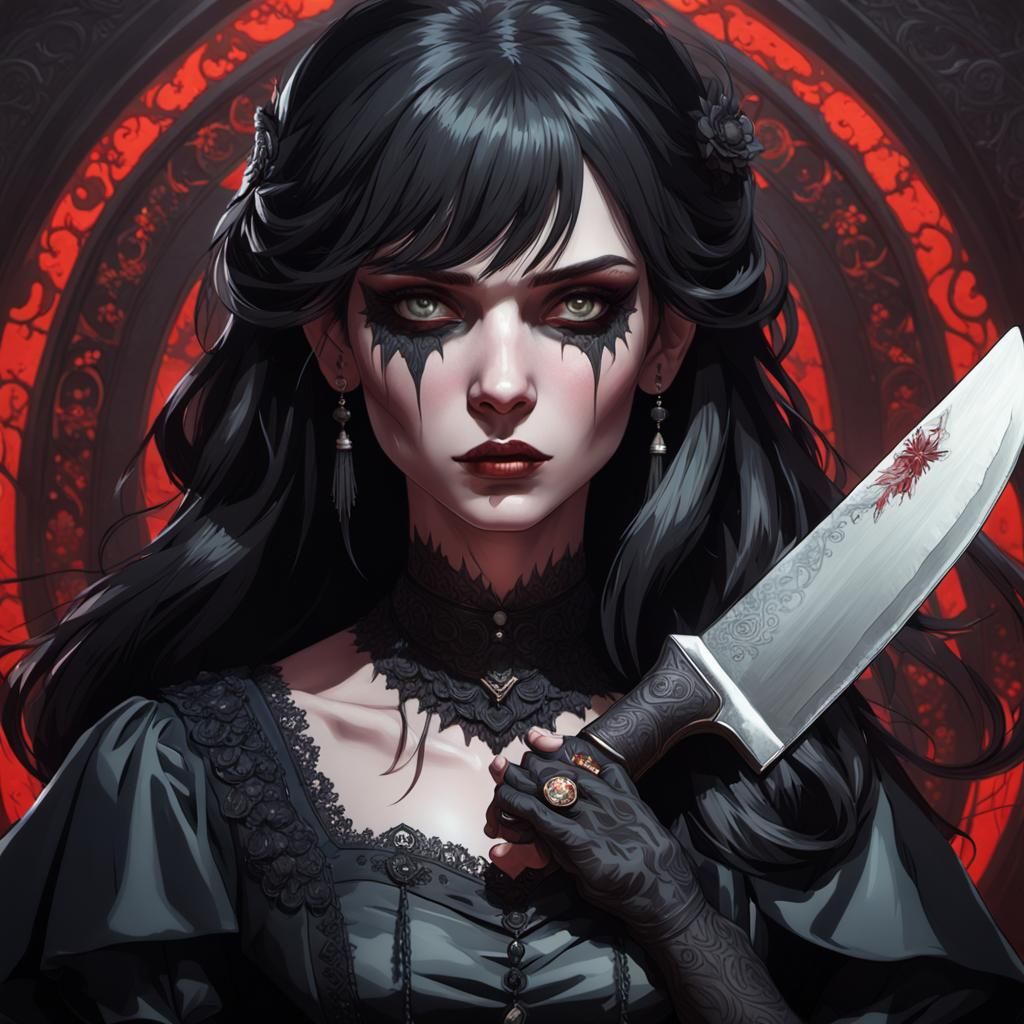 Gothic Bride with Knife: Hyperdetailed Art Nouveau Portrait