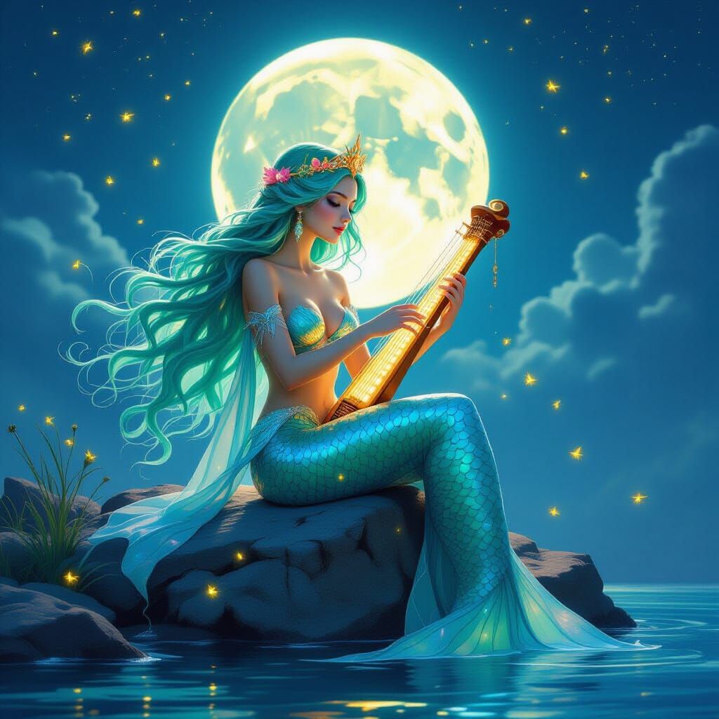 Moonlit Mermaid with Bioluminescent Harp, Dynamic Art