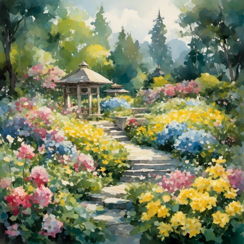 A zen garden full of hydrangea flowers, roses, yellow daisies and lilies <lora:Patterns:1.0>