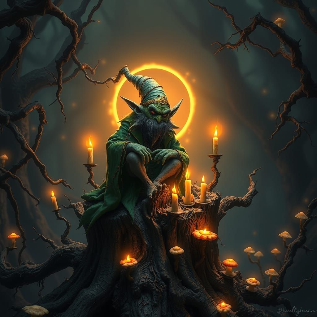 Evil Leprechaun Seated Amidst Twisted Vines and Candles