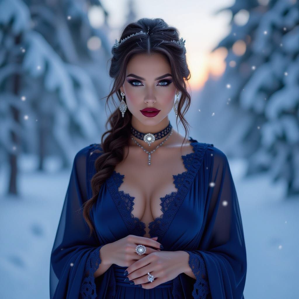 Mystical Woman in Snowy Forest at Twilight