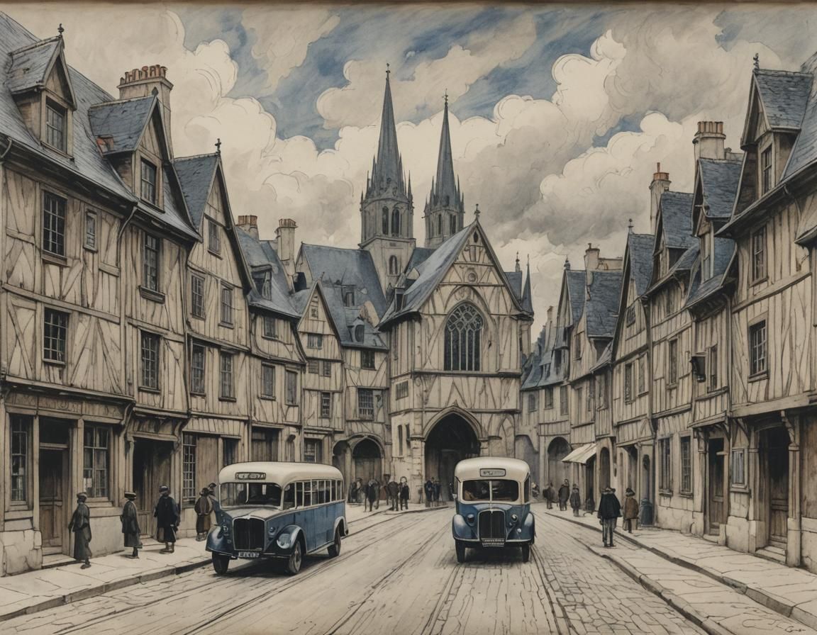Vintage Bus Scene in Normandy: Dark Blue Aquatint