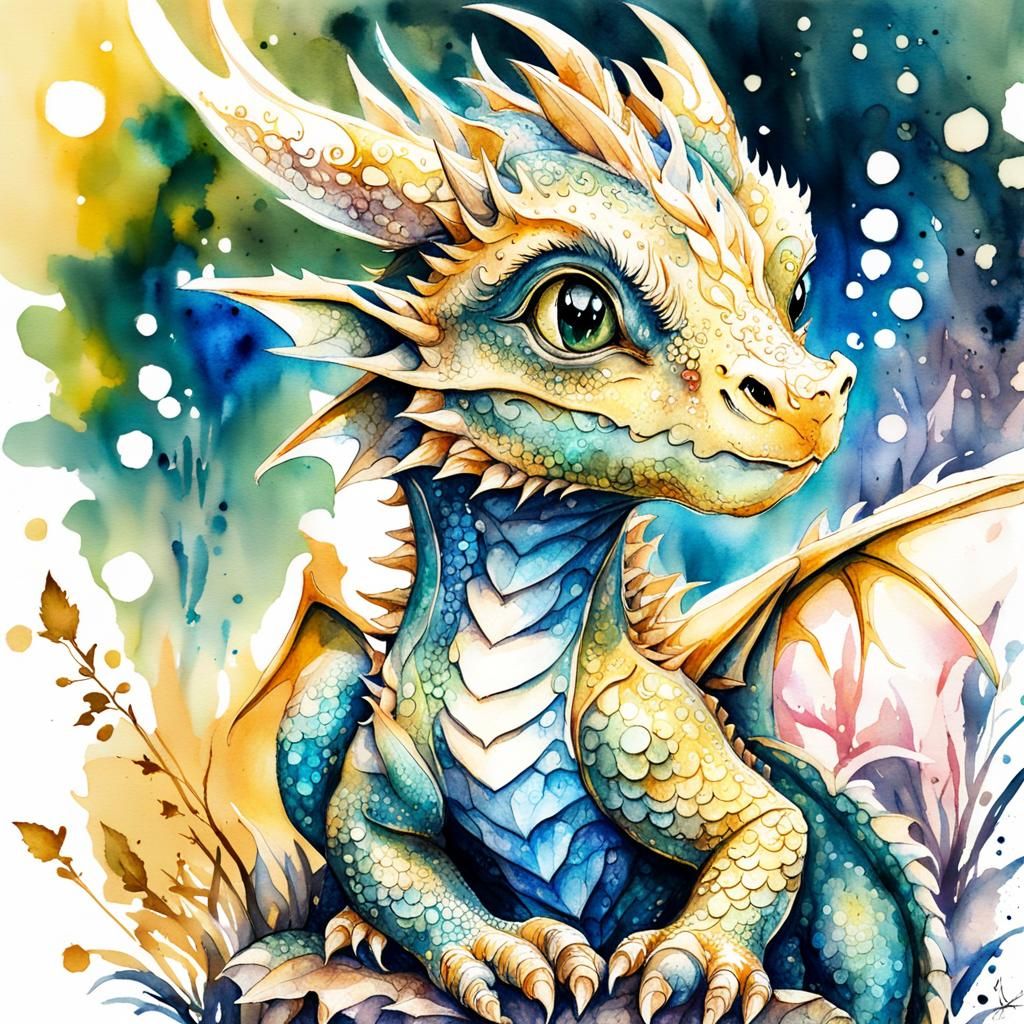 Adorable Baby Dragon in Watercolor Wonderland