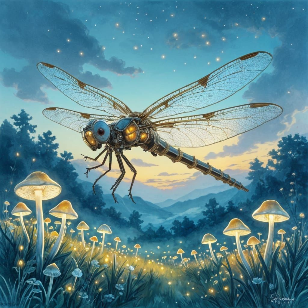 Mechanical Dragonfly Over Bioluminescent Mushrooms in Twilig...