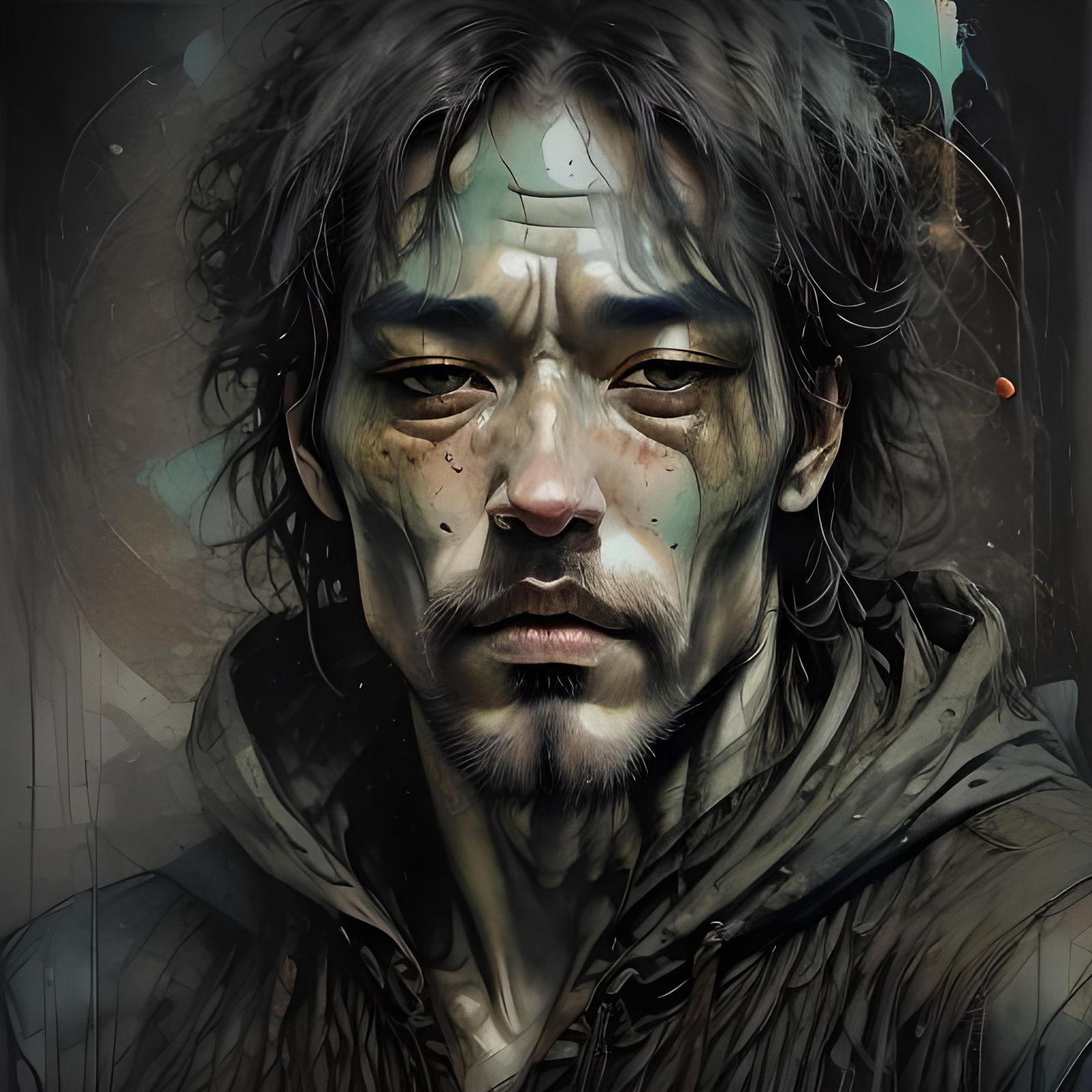 Bioluminescent Android Portrait in Grungy Ink Style