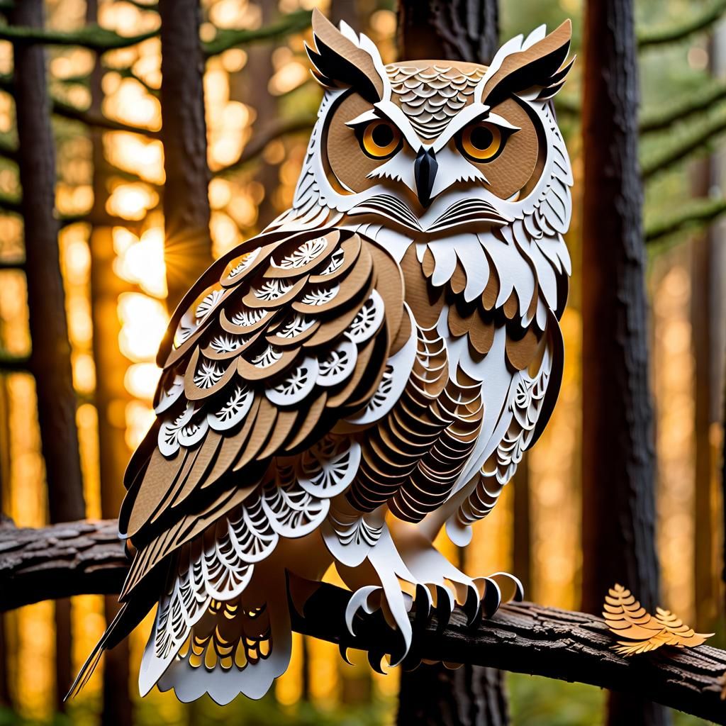 Graceful Papercut Great Horned Owl in Flight