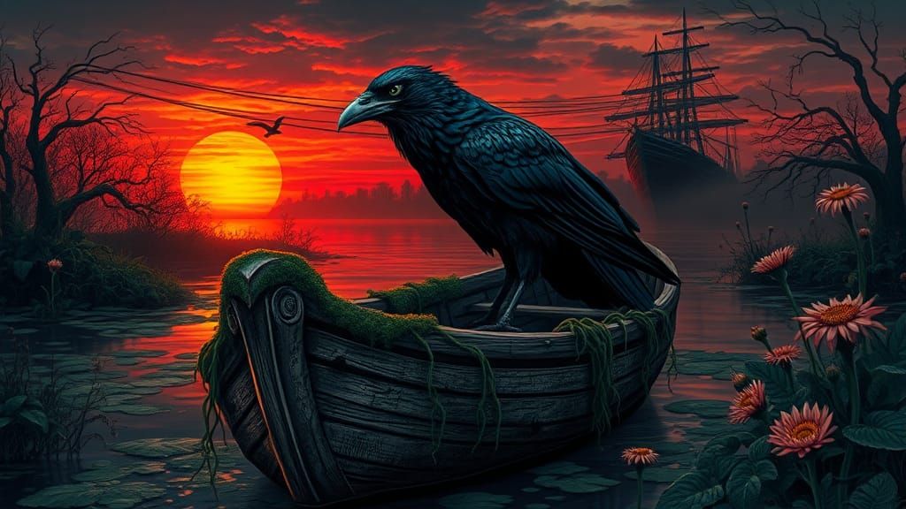 Raven on Decaying Boat in Sunset, as Color Print
