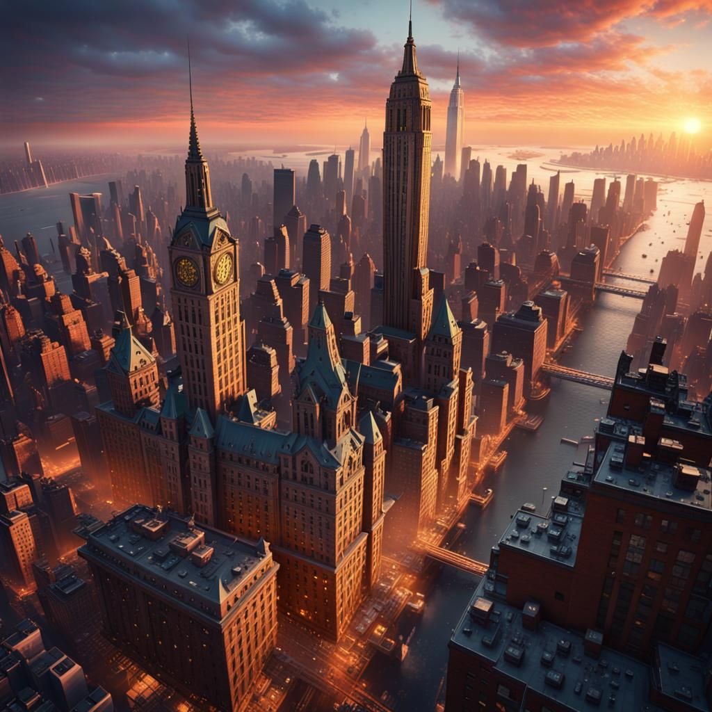 New York City Sunset in Detailed Matte Painting