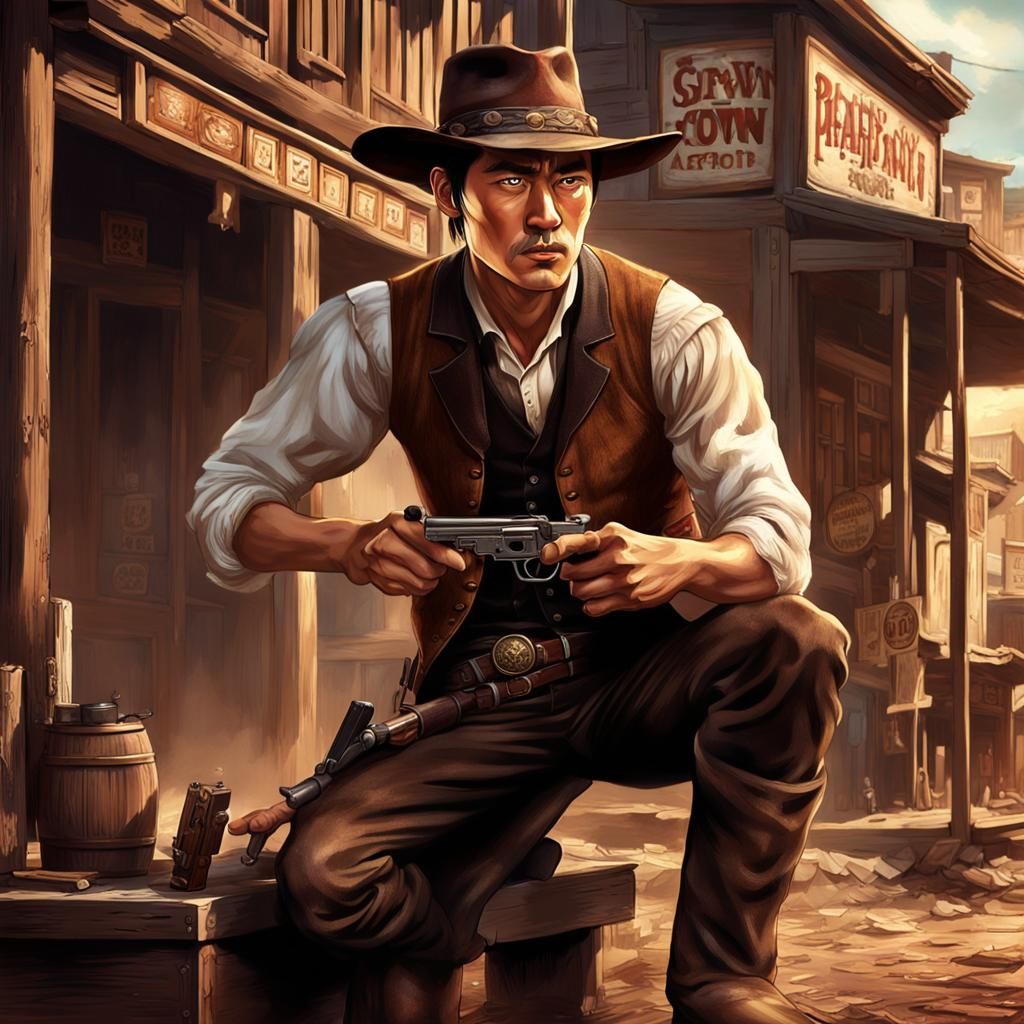 Korean cowboy in his late 20s, clean-shaven, dressed in dark...