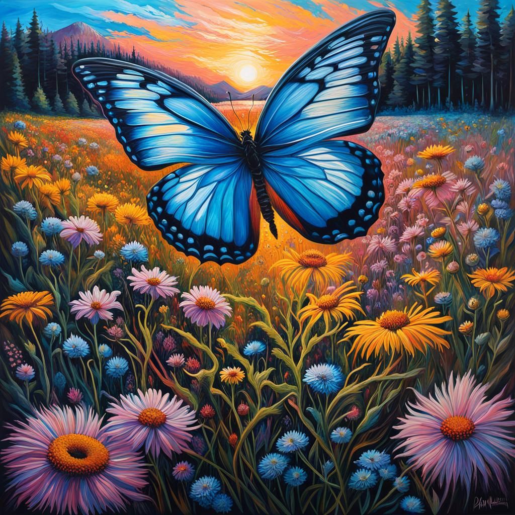 Butterfly and Wildflower Field at Sunset, Impasto Painting