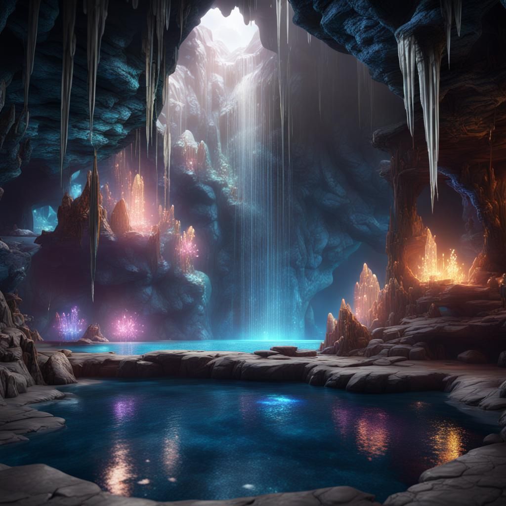 Fantastical Cave Pool with Glittering Crystals