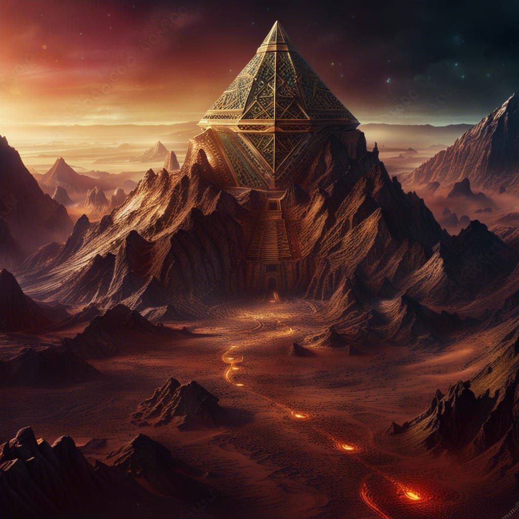 Mount Olympus on Mars with Gold Pyramids