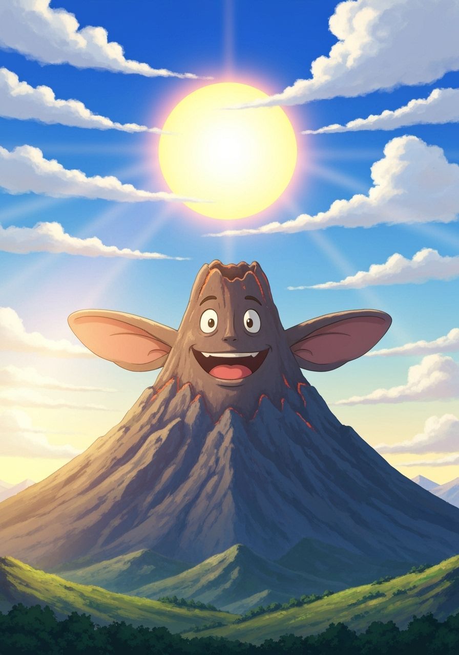 Miyazaki-Inspired Volcano Mountain with Curious Eyes