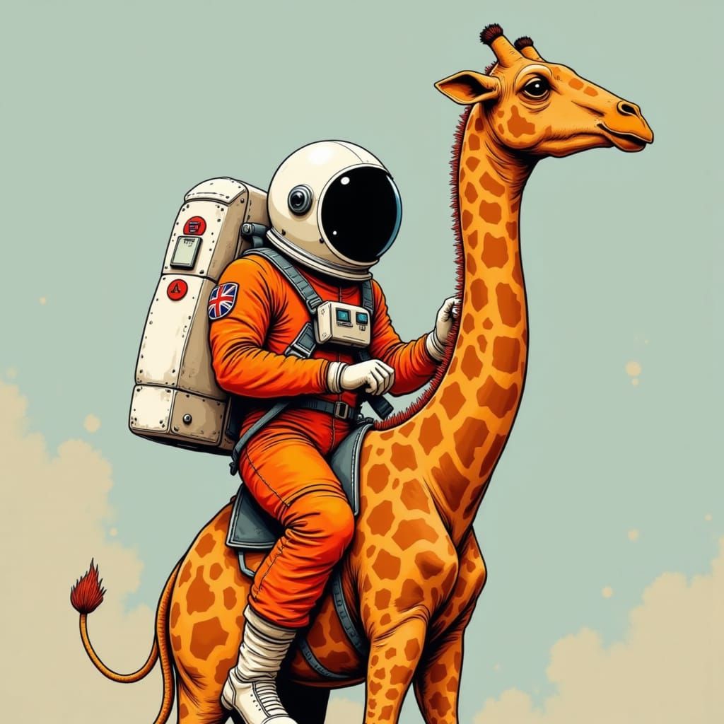 Orange spaceman, white helmet, black visor, riding a giraffe...
