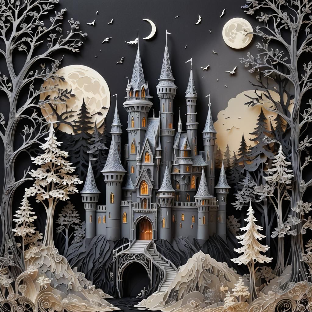 Quilled Paper Art: Haunting Castle in Dark Forest