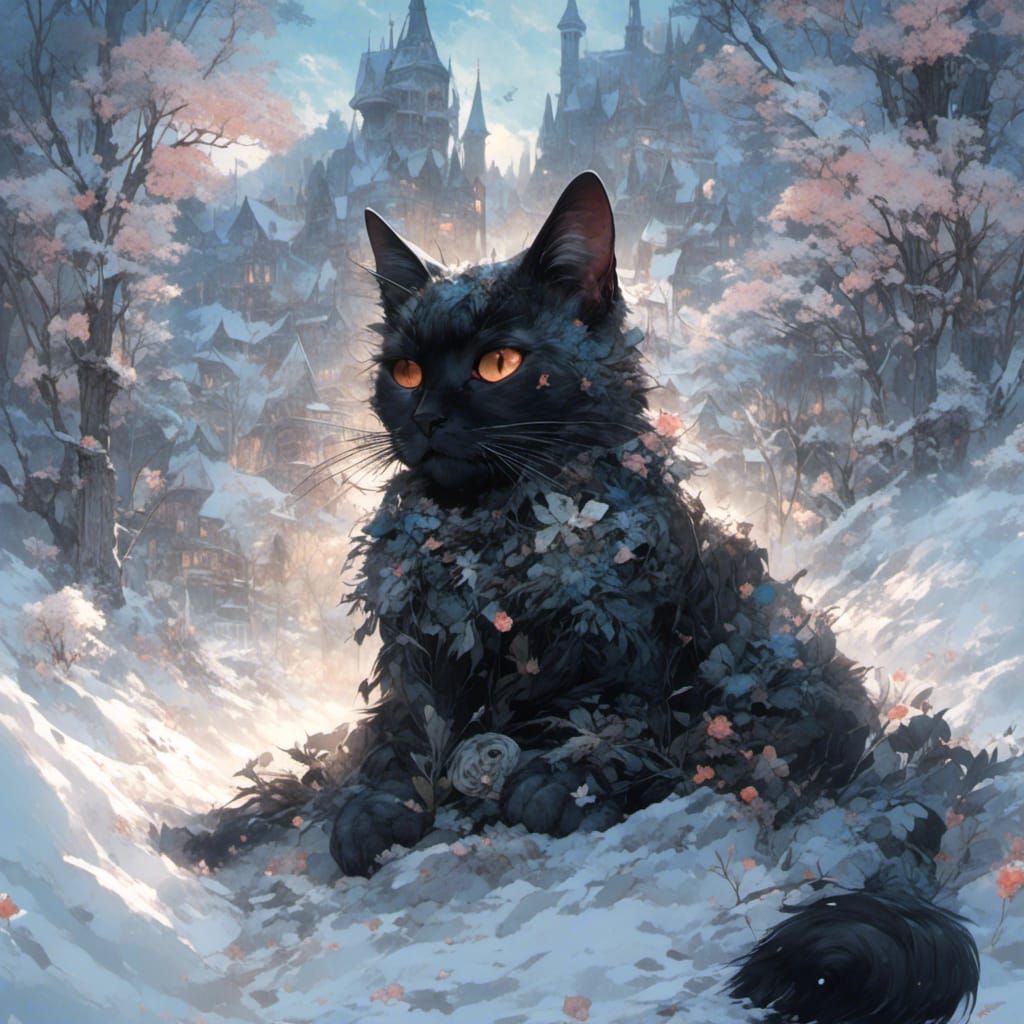 Black Cat's Snowy Day: A Hyperreal Photo