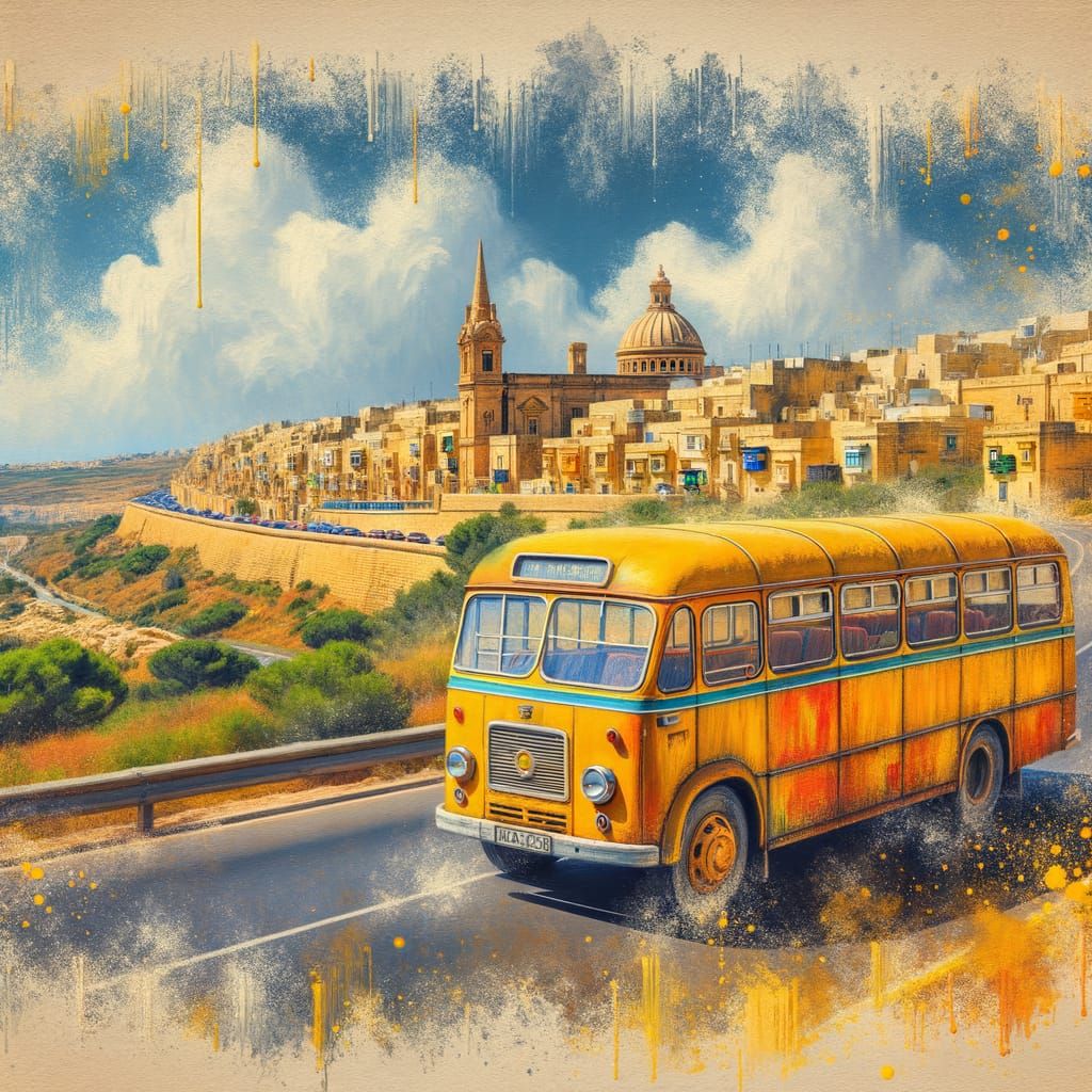 A yellow bus from Malta driving around Malta.