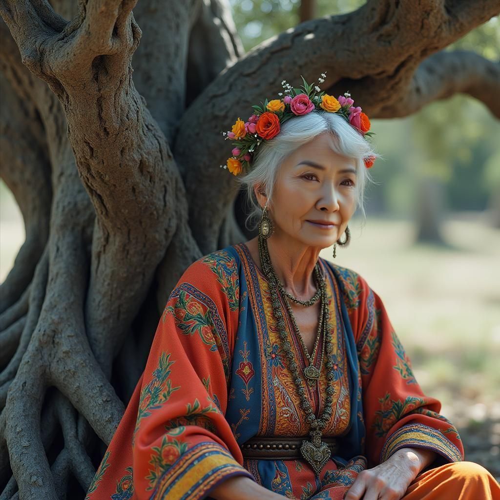 Old Woman Under Olive Tree: Hyperrealistic Portrait
