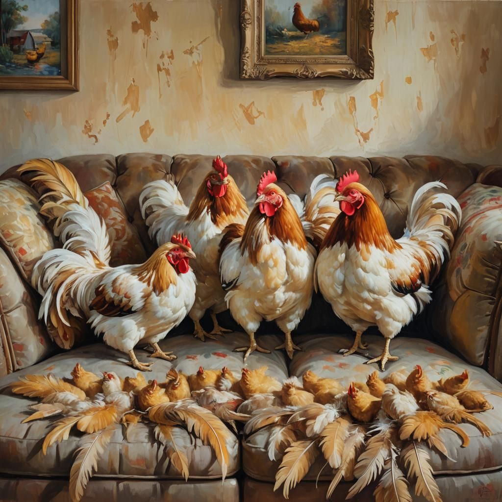 Chickens on a Plush Sofa: Whimsical Oil Painting