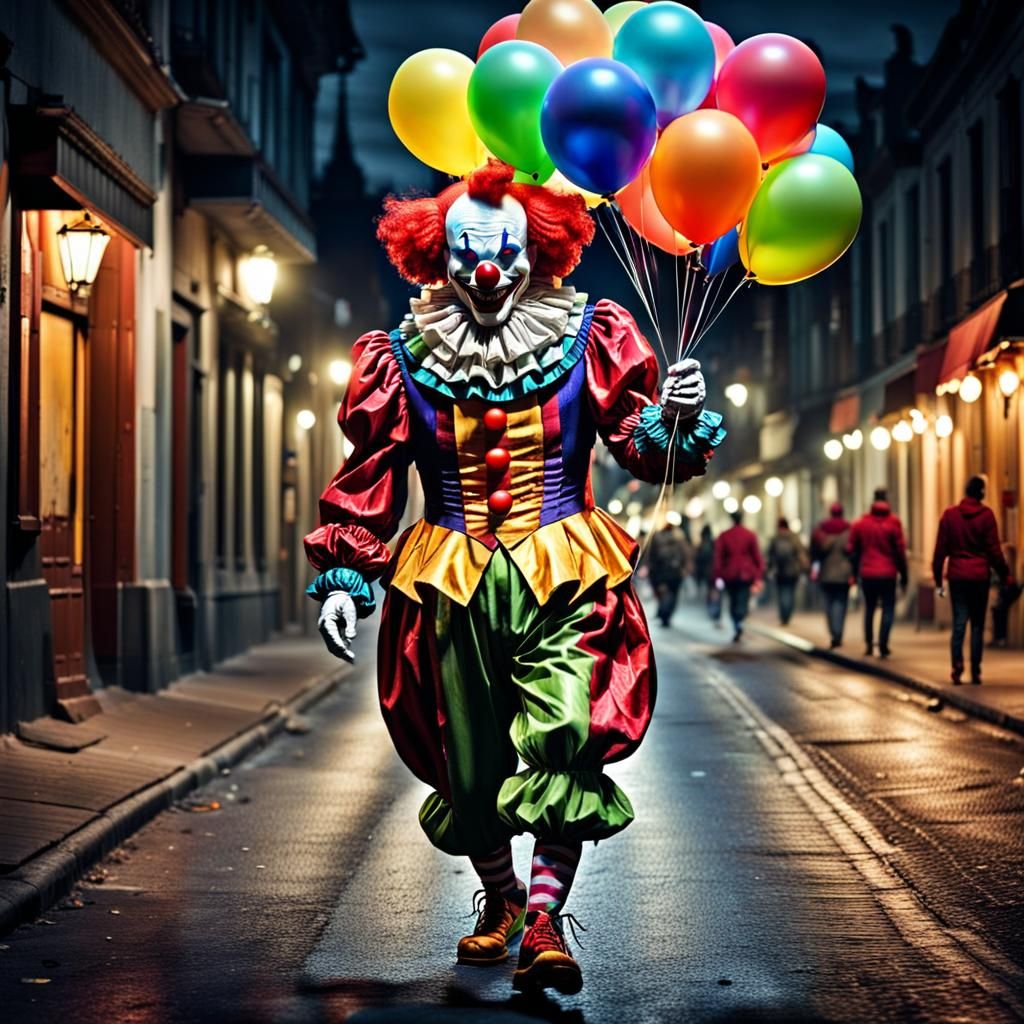 Creepy Clown Walks Dark Street with Balloons