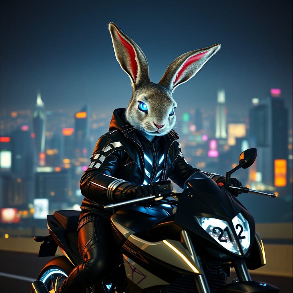Sleek Cyber Rabbit Dominates Dystopian Cityscape