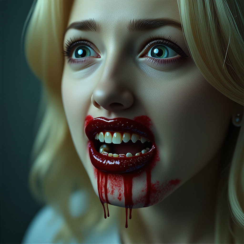 Distressed Woman's Decaying Teeth in Hyperrealistic Detail