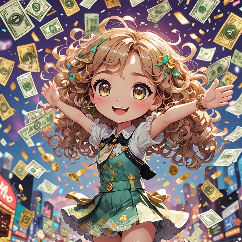 Chibi Girl's Lottery Win: A Vibrant 3D Cartoon