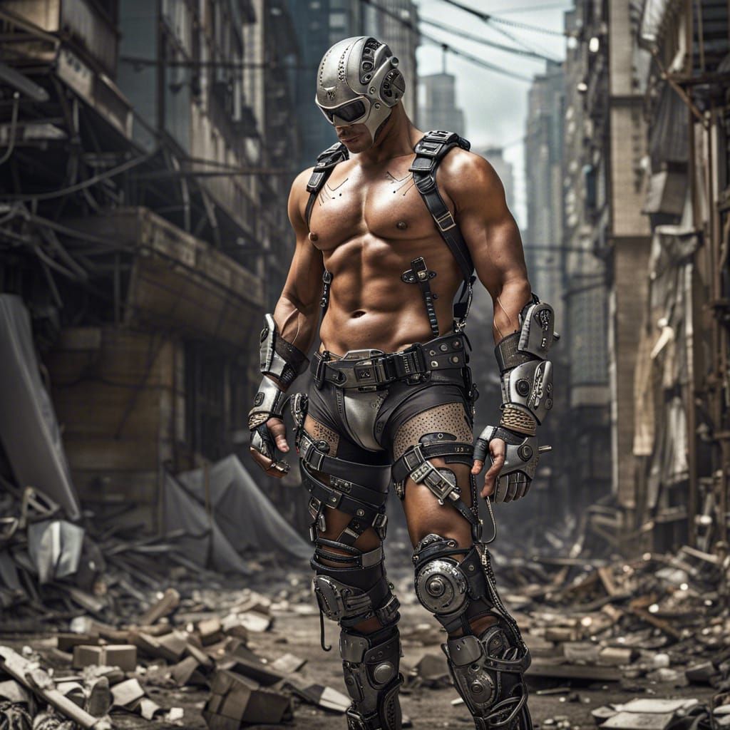 Muscular Cyborg in Dystopian City, Hyperrealistic Art