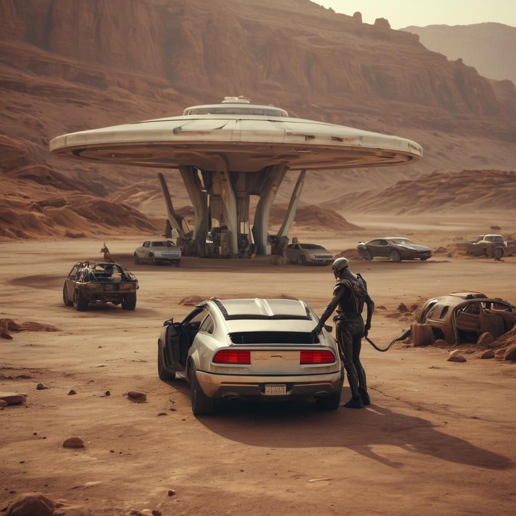 Alien at Martian Gas Station: Cinematic Film Still