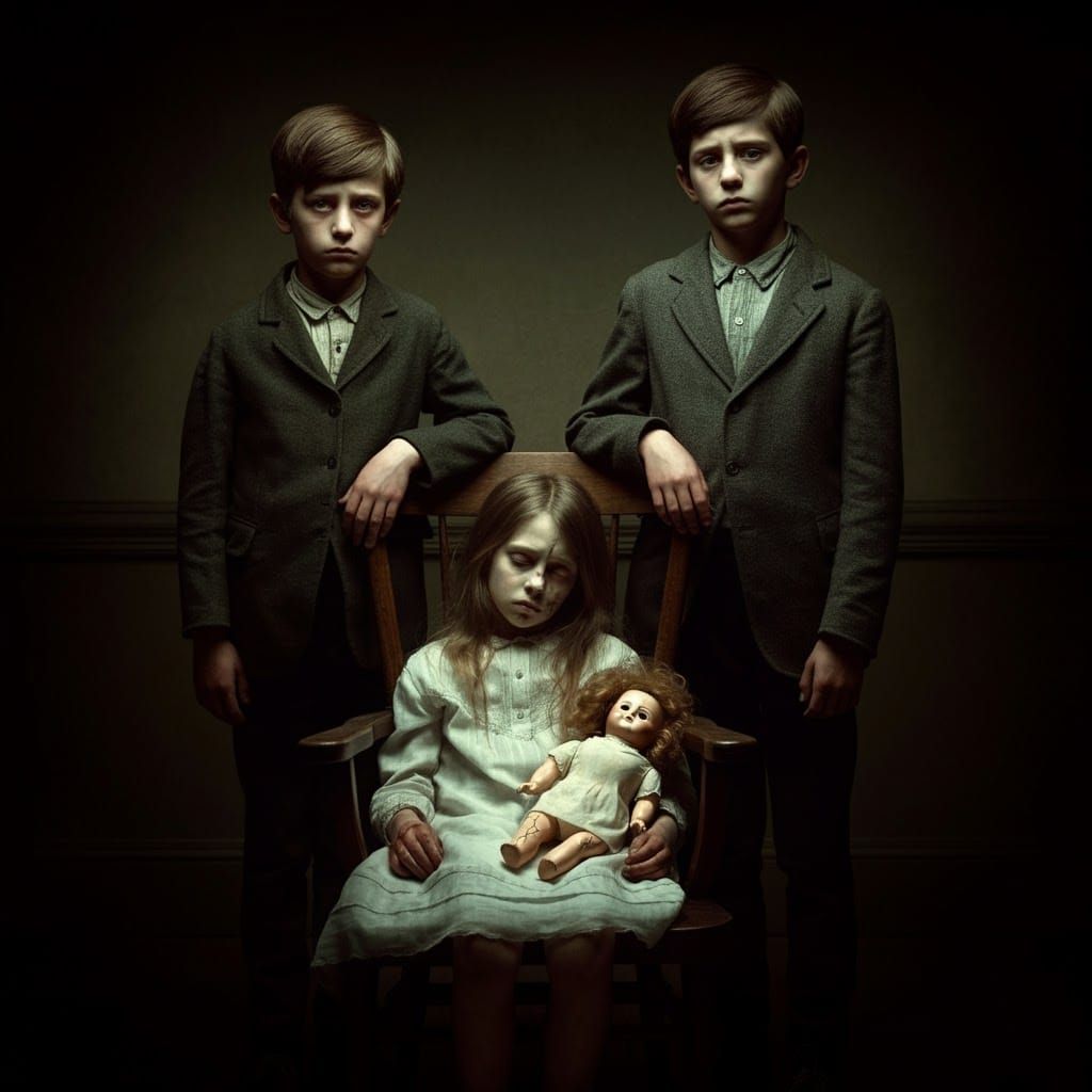 Three Siblings in Dimly Lit Parlor