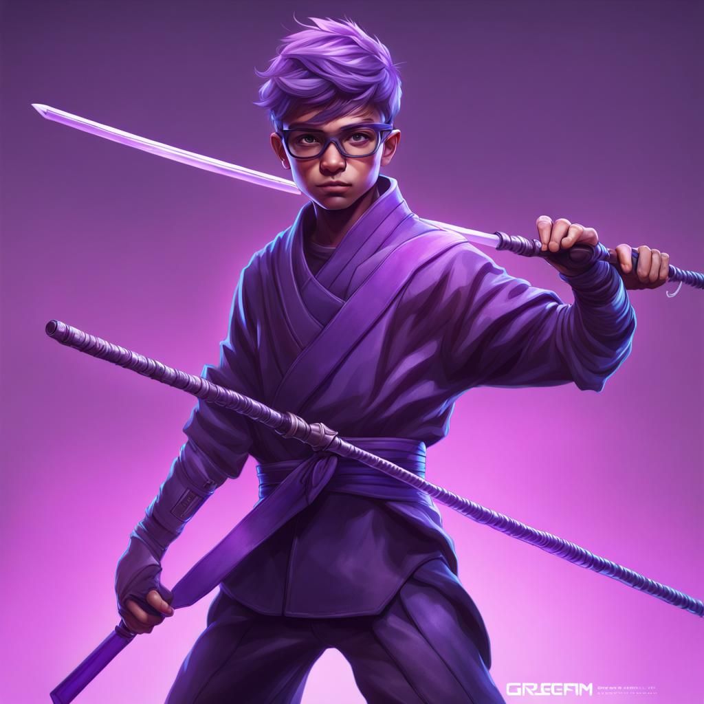 Smart boy ninja with glasses in electronic purple ninja suit and with a bo staff