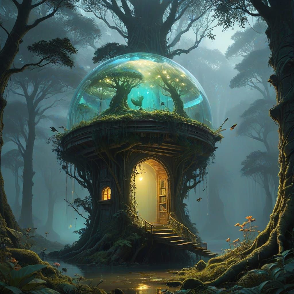 Surreal Jungle Library in Golden Hour