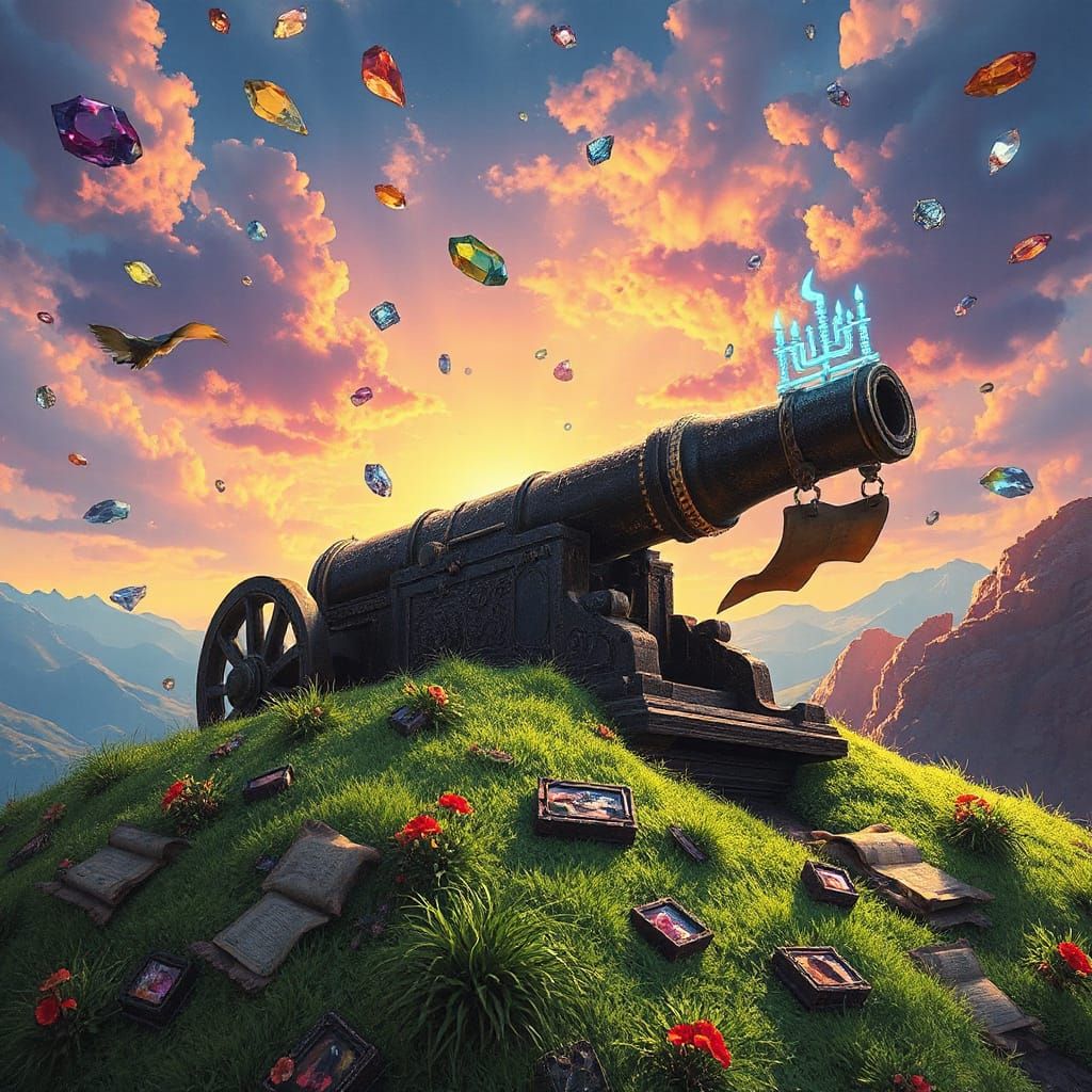 Ornate Cannon on Emerald Hill with Floating Scrolls