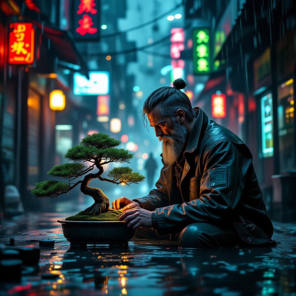 Cyberpunk Bonsai Master in Gritty Cityscape