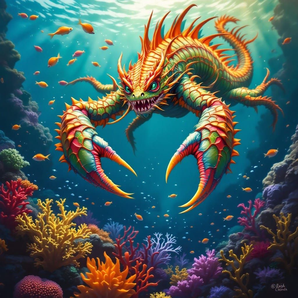 Armored Sea Dragon Over Bioluminescent Reef City