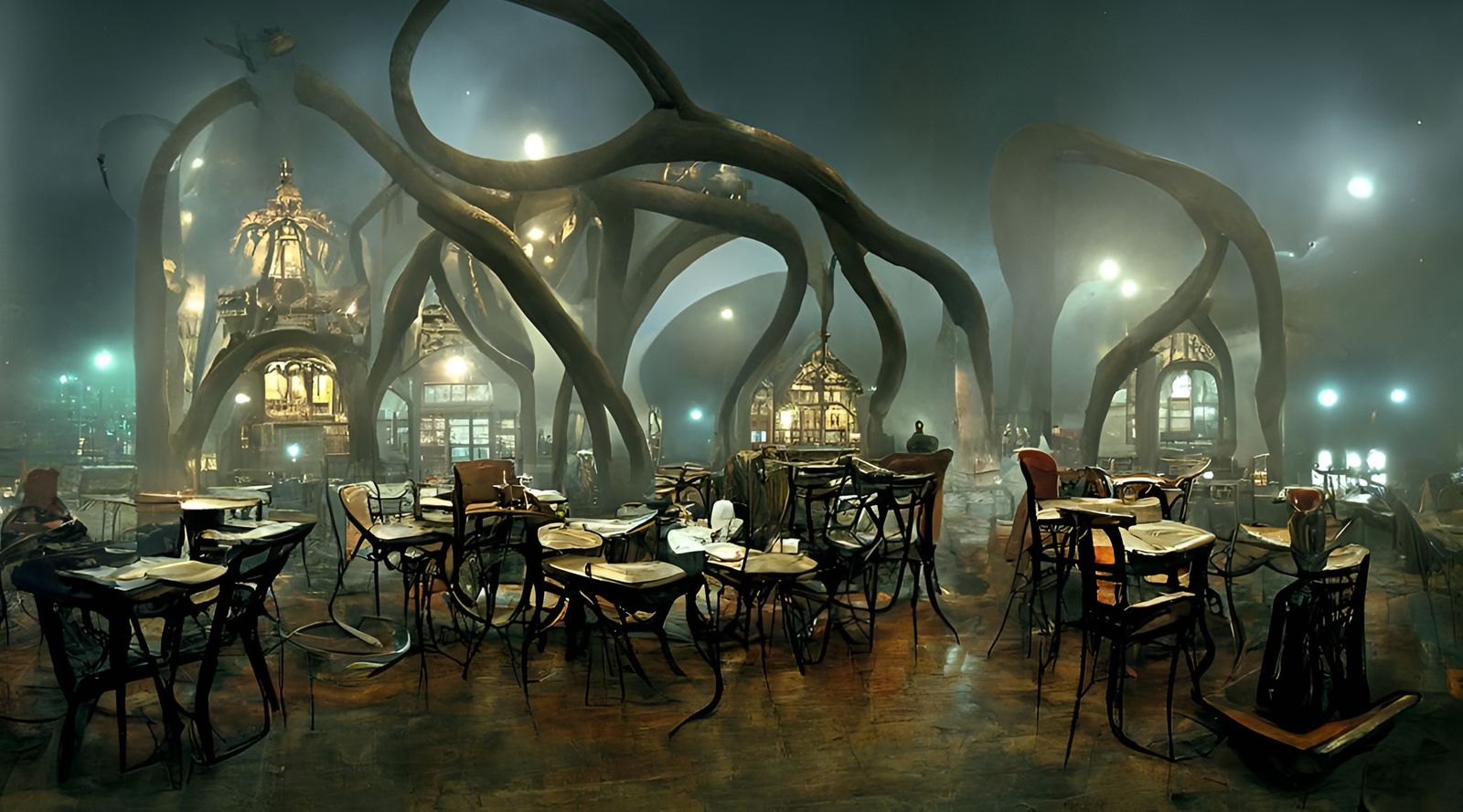 Intricate Lovecraftian Cafe Architecture in Art Nouveau Styl...