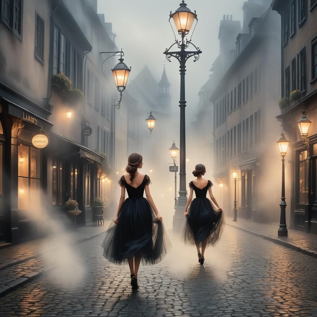 Woman with Peonies Walks Misty City Street