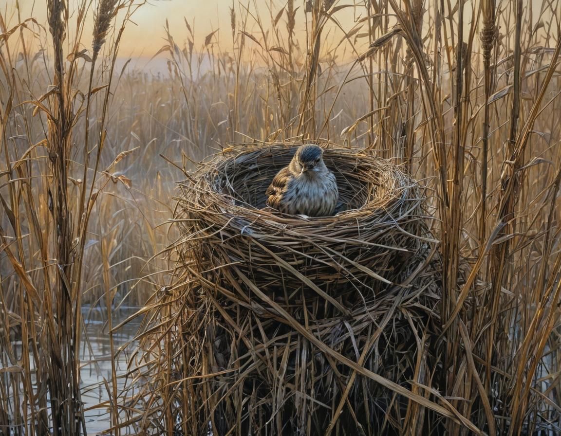 Bird in Reeds at Sunset: Fantasy Art