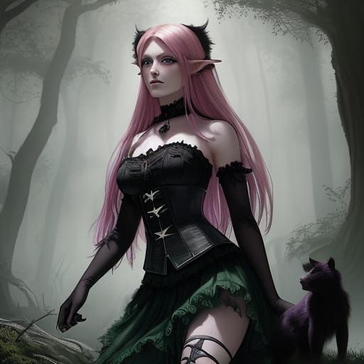 Dark Fantasy Elf in Tree Fights Bear and Cat